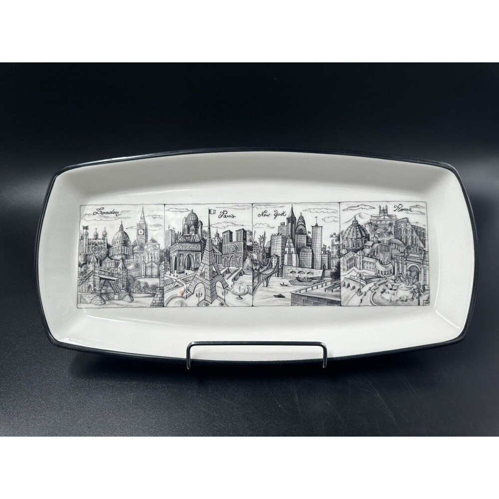 Brunelli Cities London Paris New York Roma Black White Ceramic Rectangular Plate